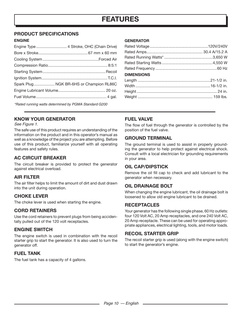 Features | Homelite UT903650 User Manual | Page 14 / 60