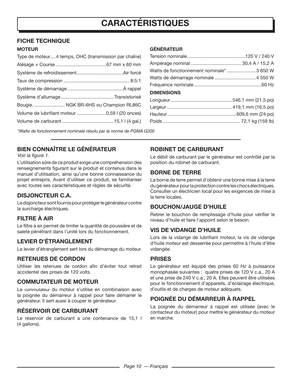 Caractéristiques | Homelite UT903650 User Manual | Page 32 / 60