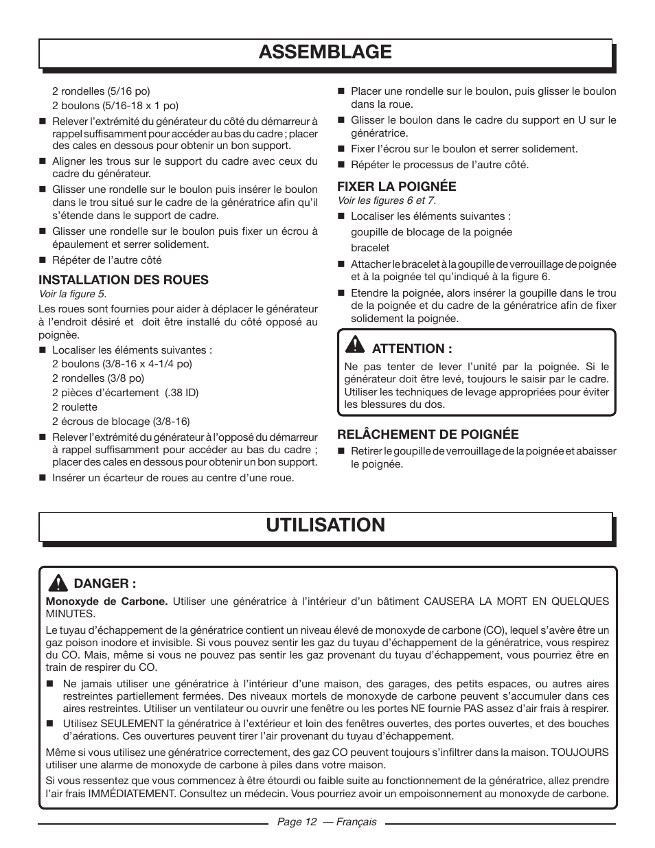 Assemblage, Utilisation | Homelite UT903650 User Manual | Page 34 / 60
