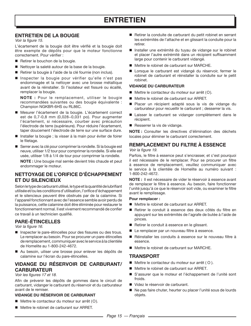 Entretien, Remplacement du filtre à essence, Transport | Entretien de la bougie, Pare-étincelles, Vidange du réservoir de carburant/ carburateur | Homelite UT903650 User Manual | Page 37 / 60