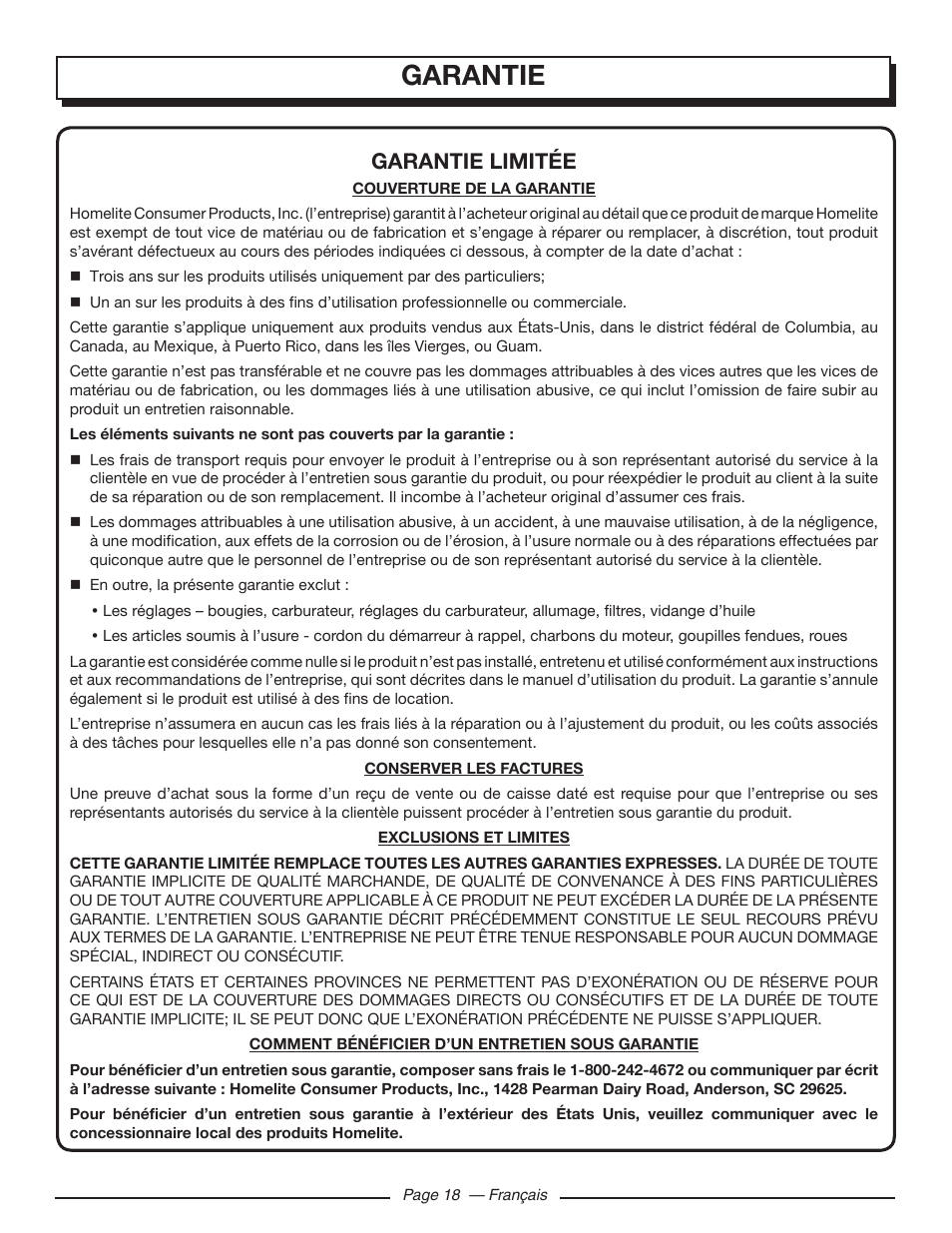 Garantie, Garantie limitée | Homelite UT903650 User Manual | Page 40 / 60
