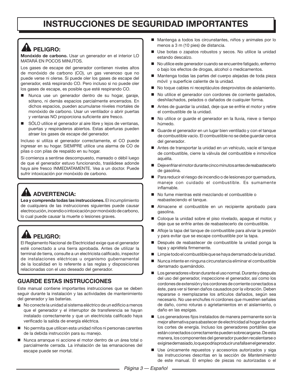 Instrucciones de seguridad importantes, Peligro, Advertencia | Guarde estas instrucciones | Homelite UT903650 User Manual | Page 43 / 60