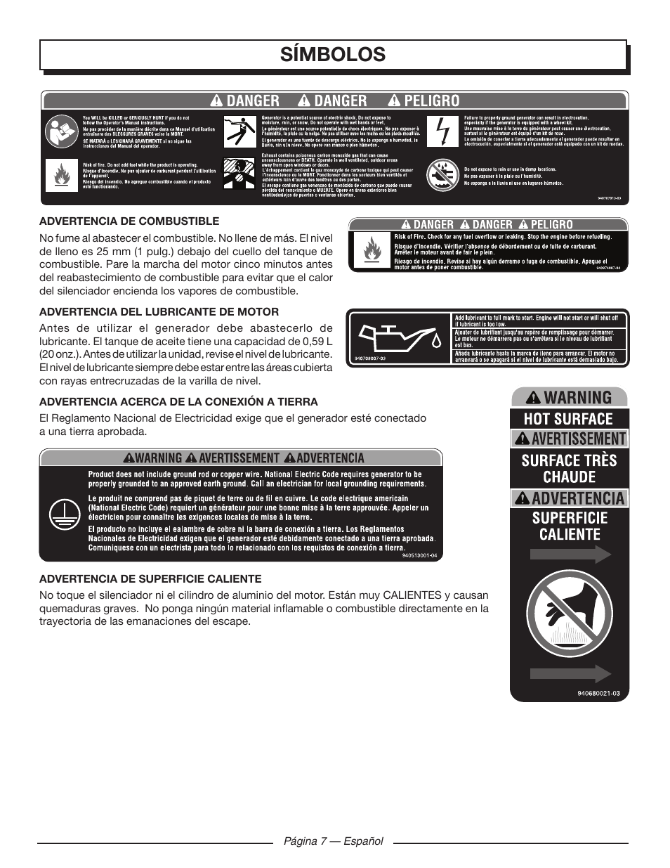 Símbolos | Homelite UT903650 User Manual | Page 47 / 60