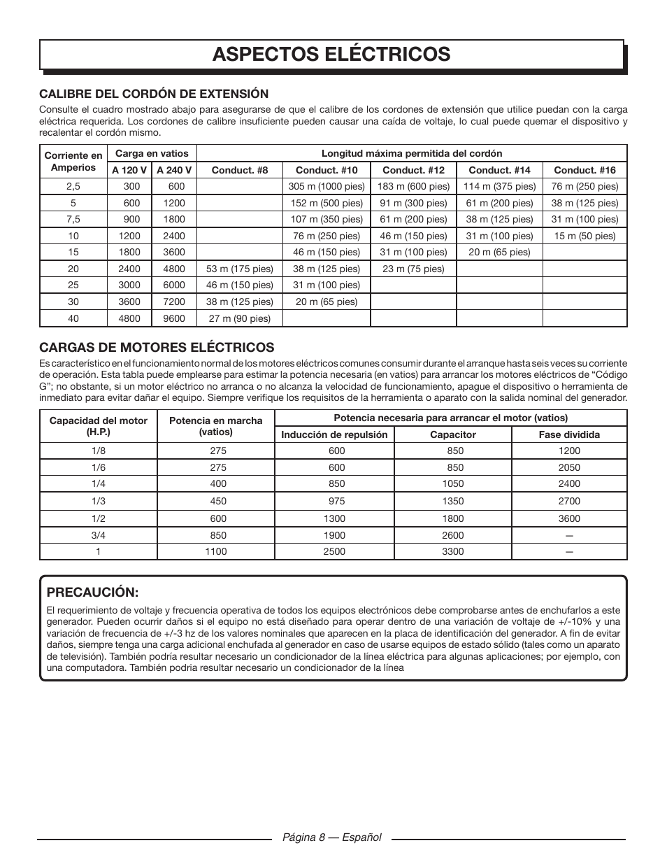 Aspectos eléctricos, Cargas de motores eléctricos, Precaución | Homelite UT903650 User Manual | Page 48 / 60