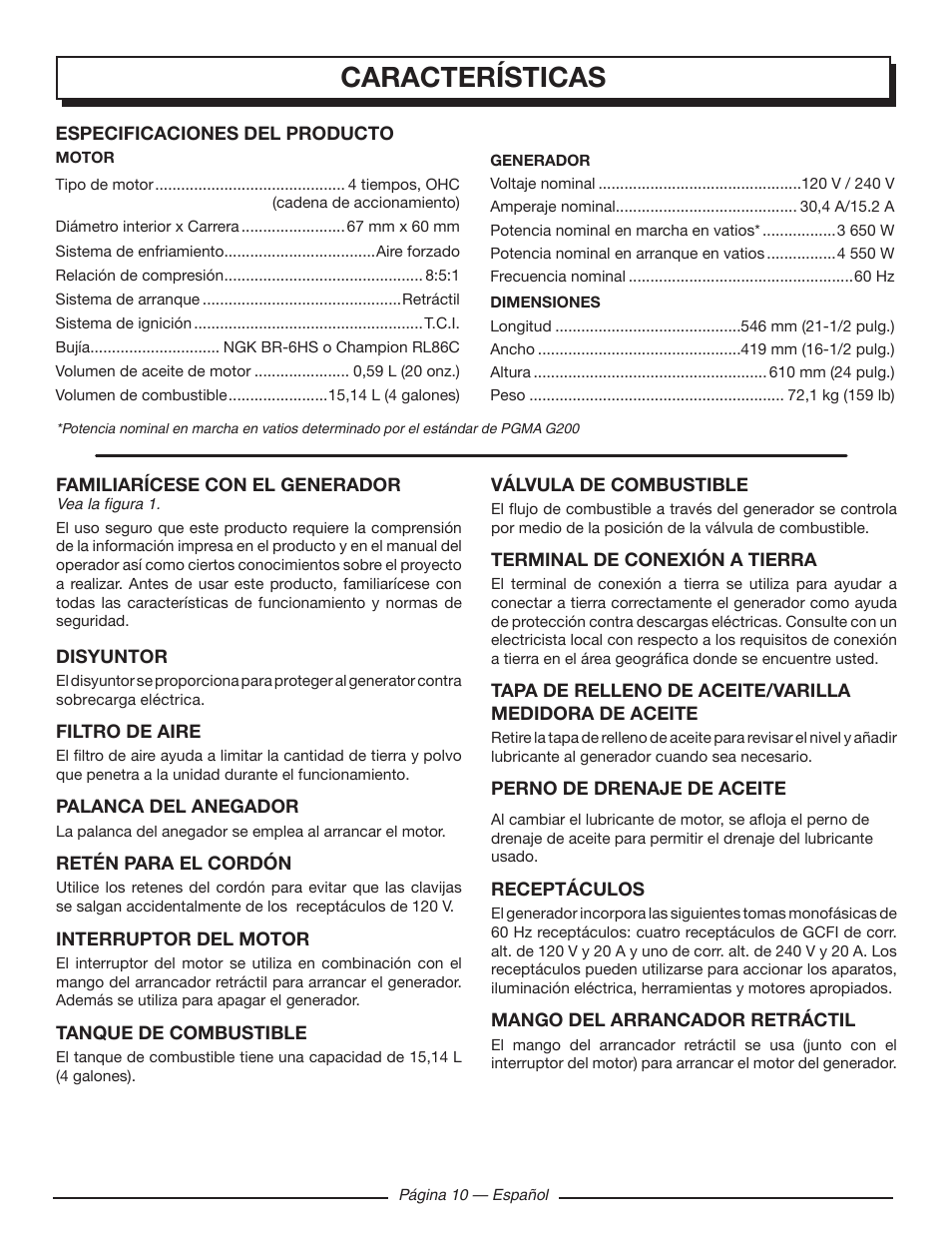 Características | Homelite UT903650 User Manual | Page 50 / 60