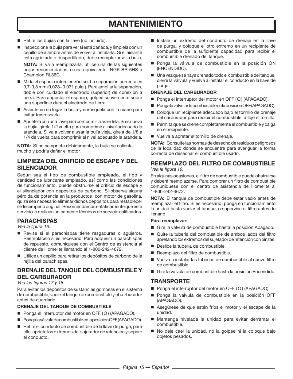 Mantenimiento, Limpieza del orificio de escape y del silenciador, Parachispas | Reemplazo del filtro de combustible, Transporte | Homelite UT903650 User Manual | Page 55 / 60