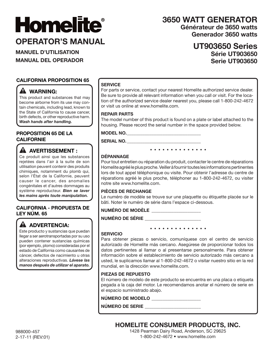 3650 watt generator, Operator’s manual | Homelite UT903650 User Manual | Page 60 / 60