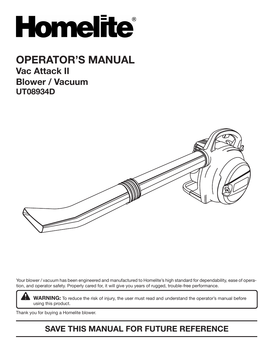 Homelite VAC ATTACK II UT08934D User Manual | 18 pages
