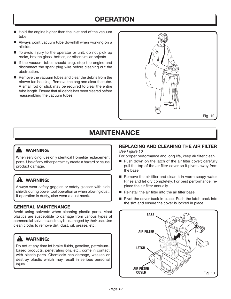 Maintenance, Operation | Homelite VAC ATTACK II UT08934D User Manual | Page 12 / 18