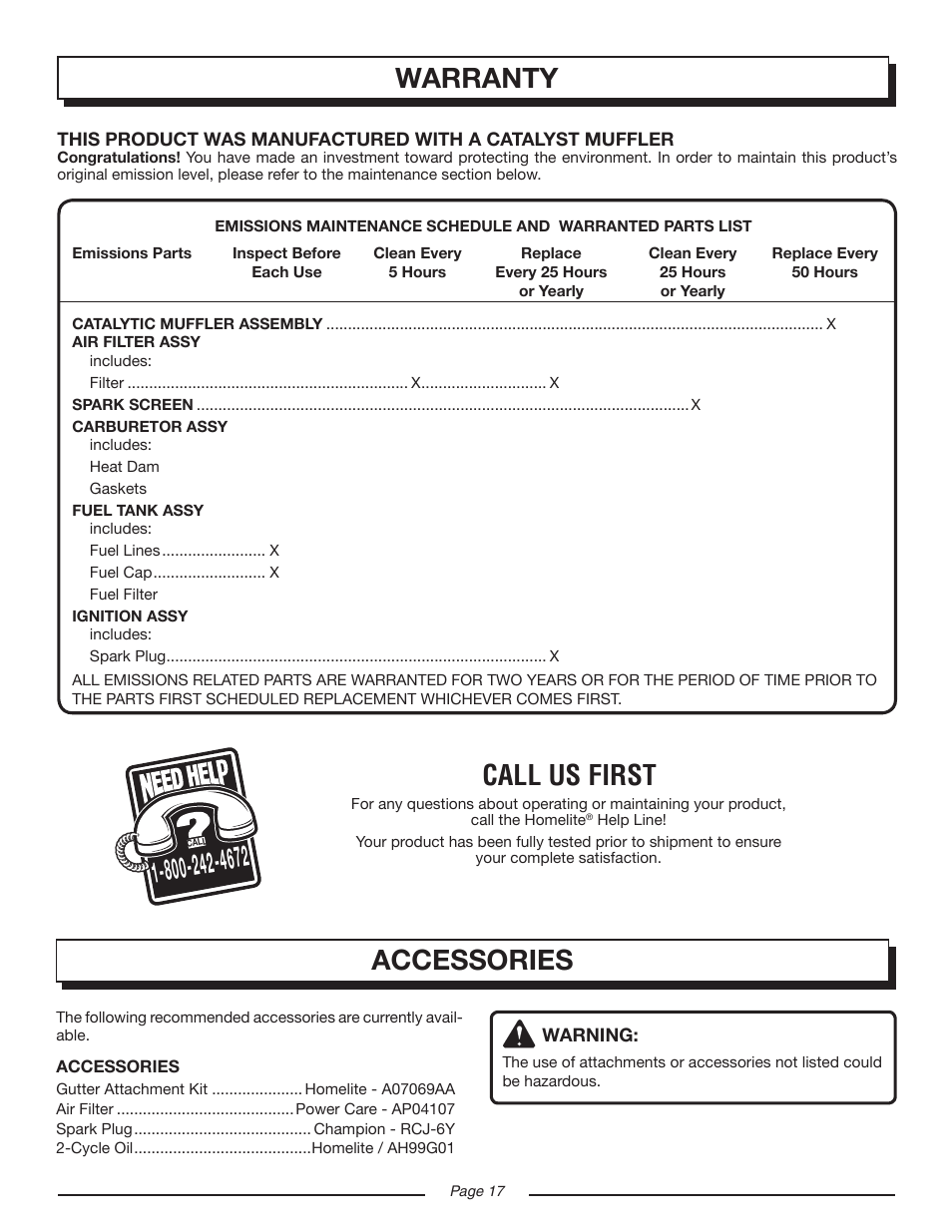 Accessories, Warranty, Call us first | Homelite VAC ATTACK II UT08934D User Manual | Page 17 / 18