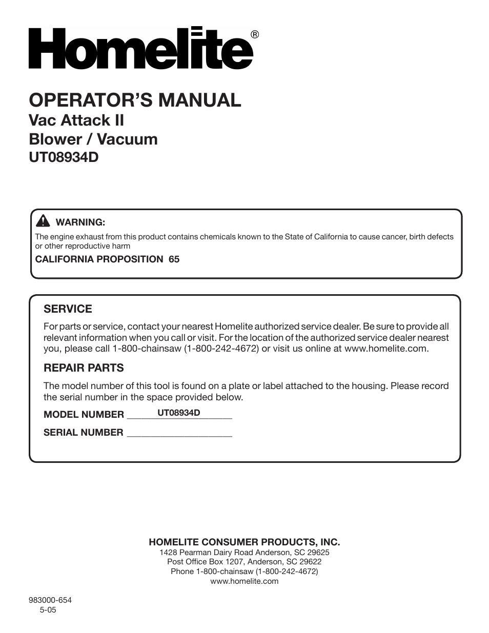 Operator’s manual, Vac attack ii blower / vacuum | Homelite VAC ATTACK II UT08934D User Manual | Page 18 / 18