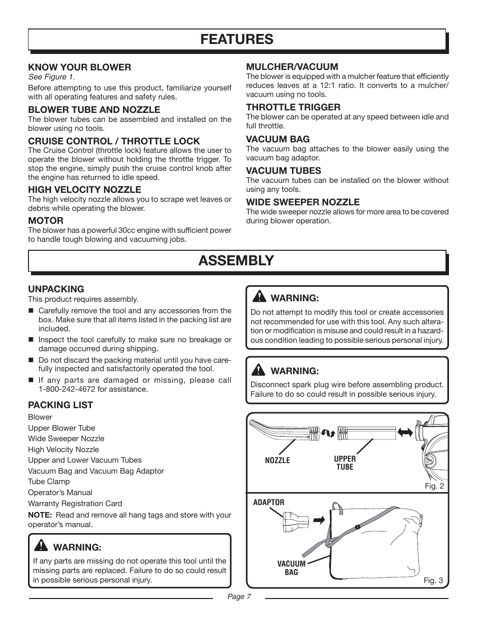 Features, Assembly | Homelite VAC ATTACK II UT08934D User Manual | Page 7 / 18