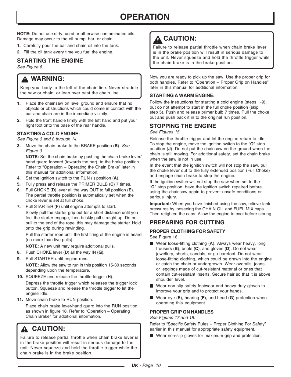 Operation, Warning, Caution | Homelite CSP3816 - UT74123D User Manual | Page 10 / 20