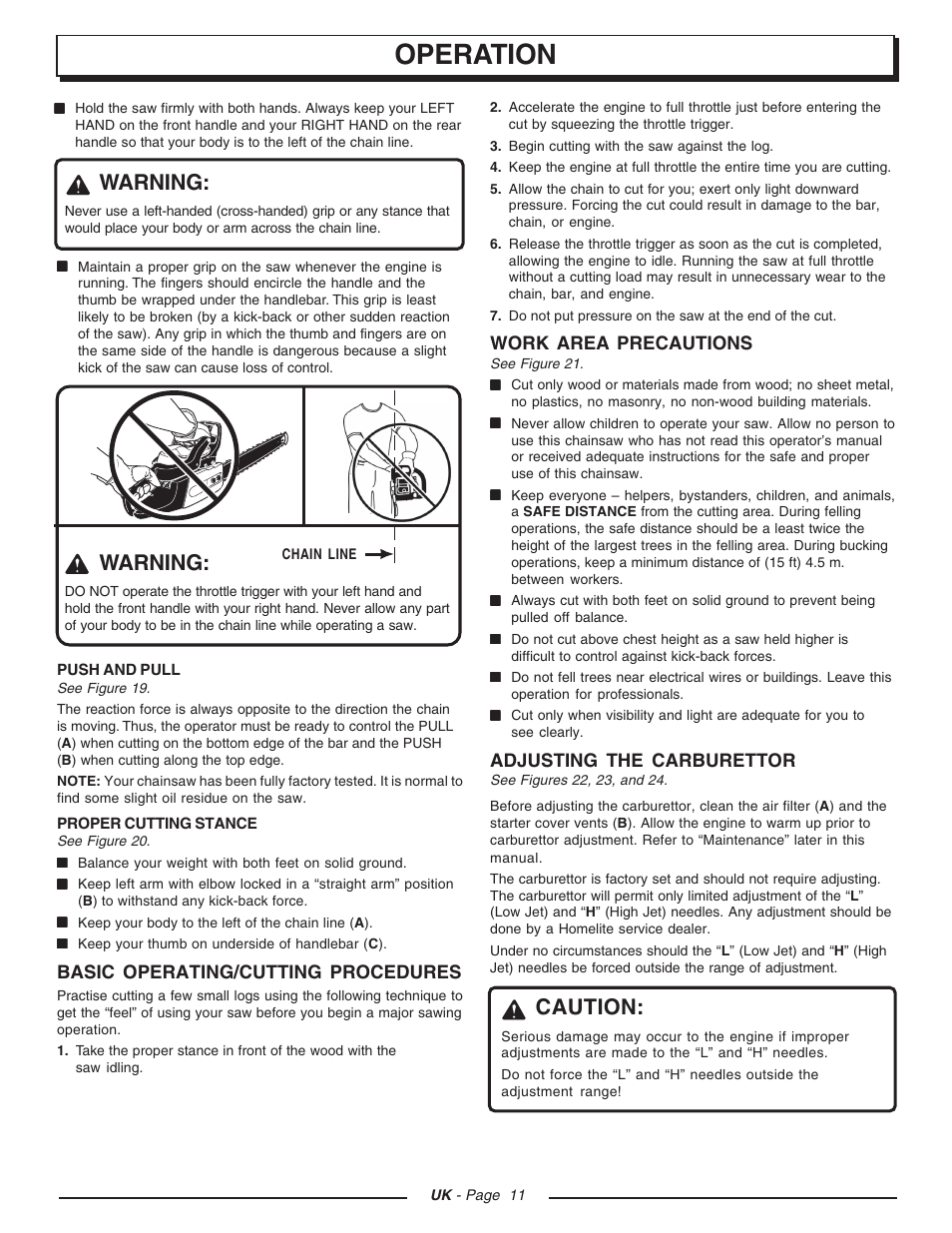 Operation, Warning, Caution | Basic operating/cutting procedures, Work area precautions, Adjusting the carburettor | Homelite CSP3816 - UT74123D User Manual | Page 11 / 20