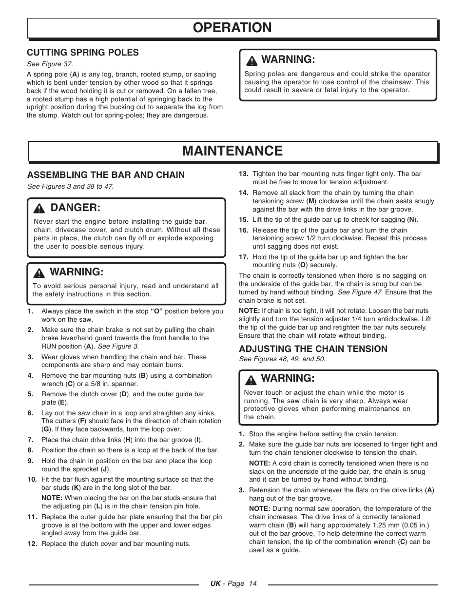 Operation, Maintenance, Warning | Danger | Homelite CSP3816 - UT74123D User Manual | Page 14 / 20