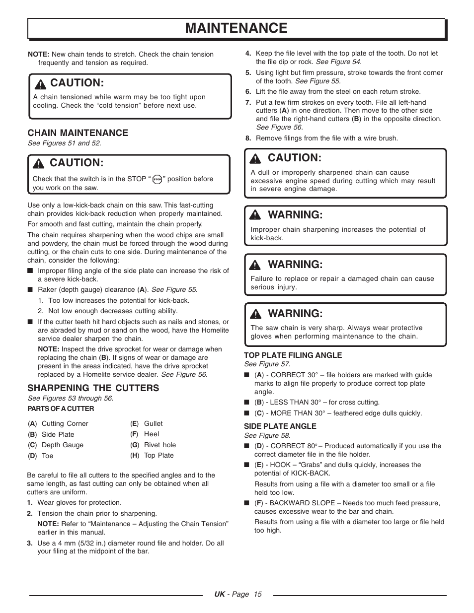 Maintenance, Caution, Warning | Homelite CSP3816 - UT74123D User Manual | Page 15 / 20