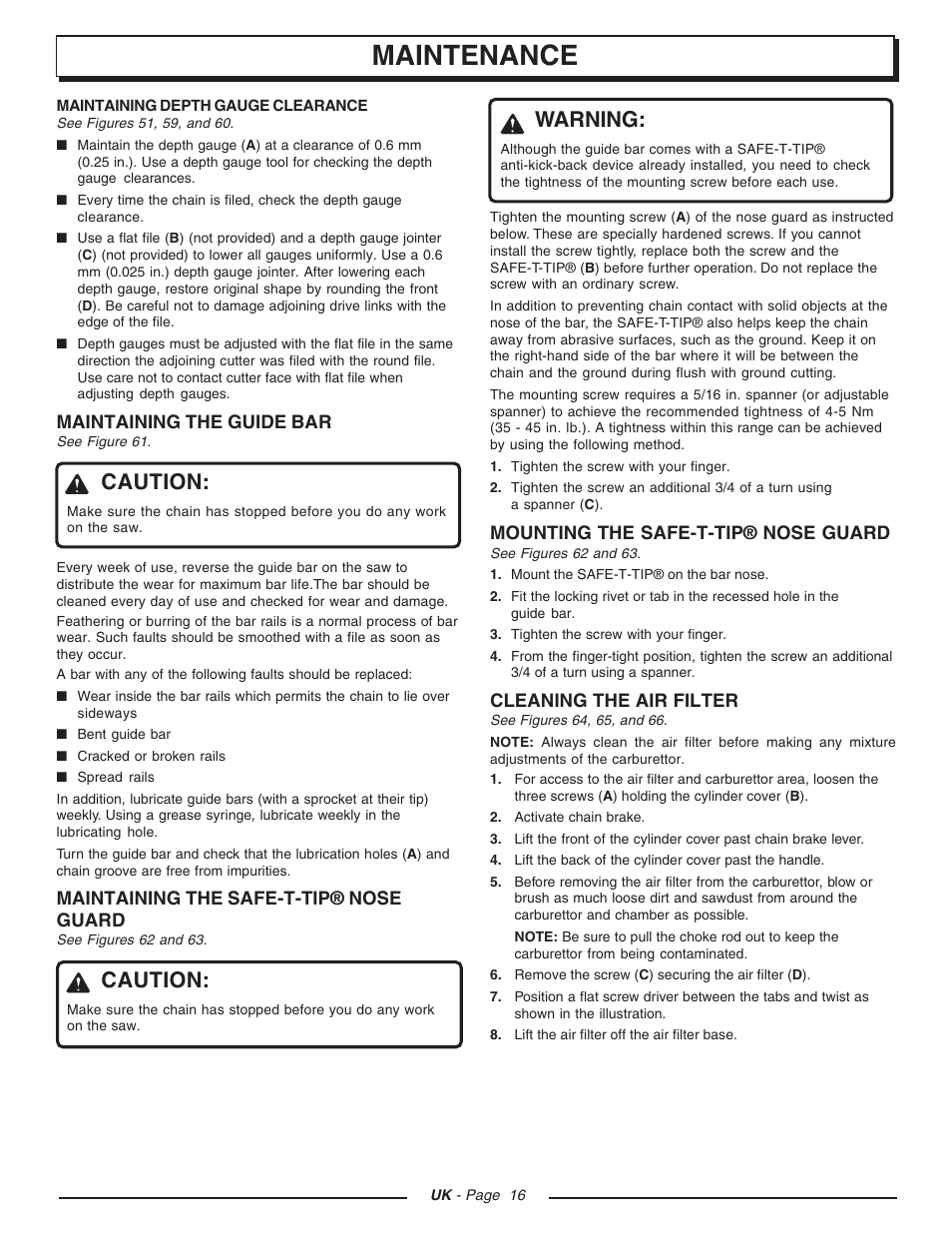 Maintenance, Caution, Warning | Homelite CSP3816 - UT74123D User Manual | Page 16 / 20