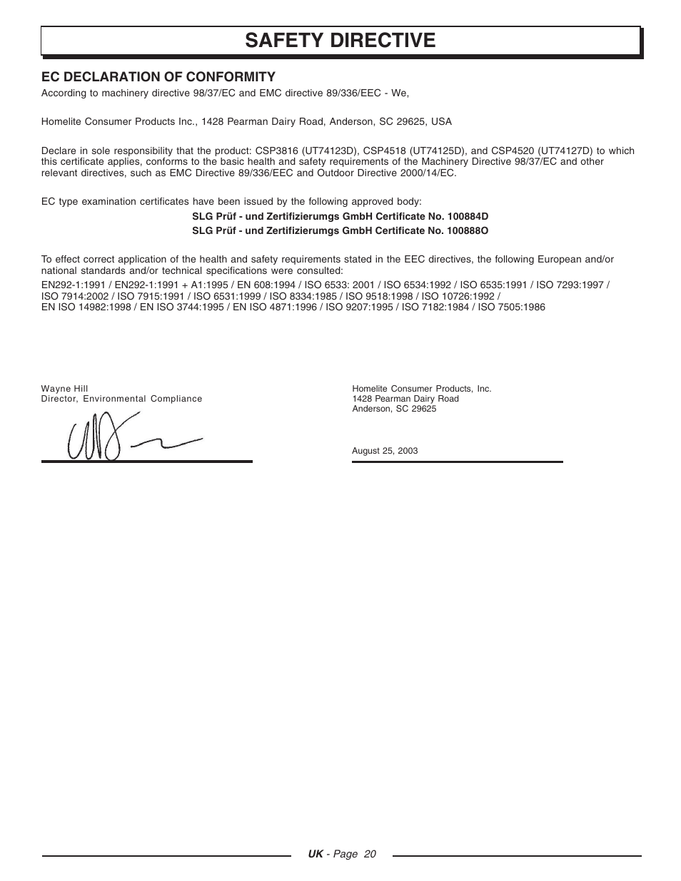 Safety directive | Homelite CSP3816 - UT74123D User Manual | Page 20 / 20