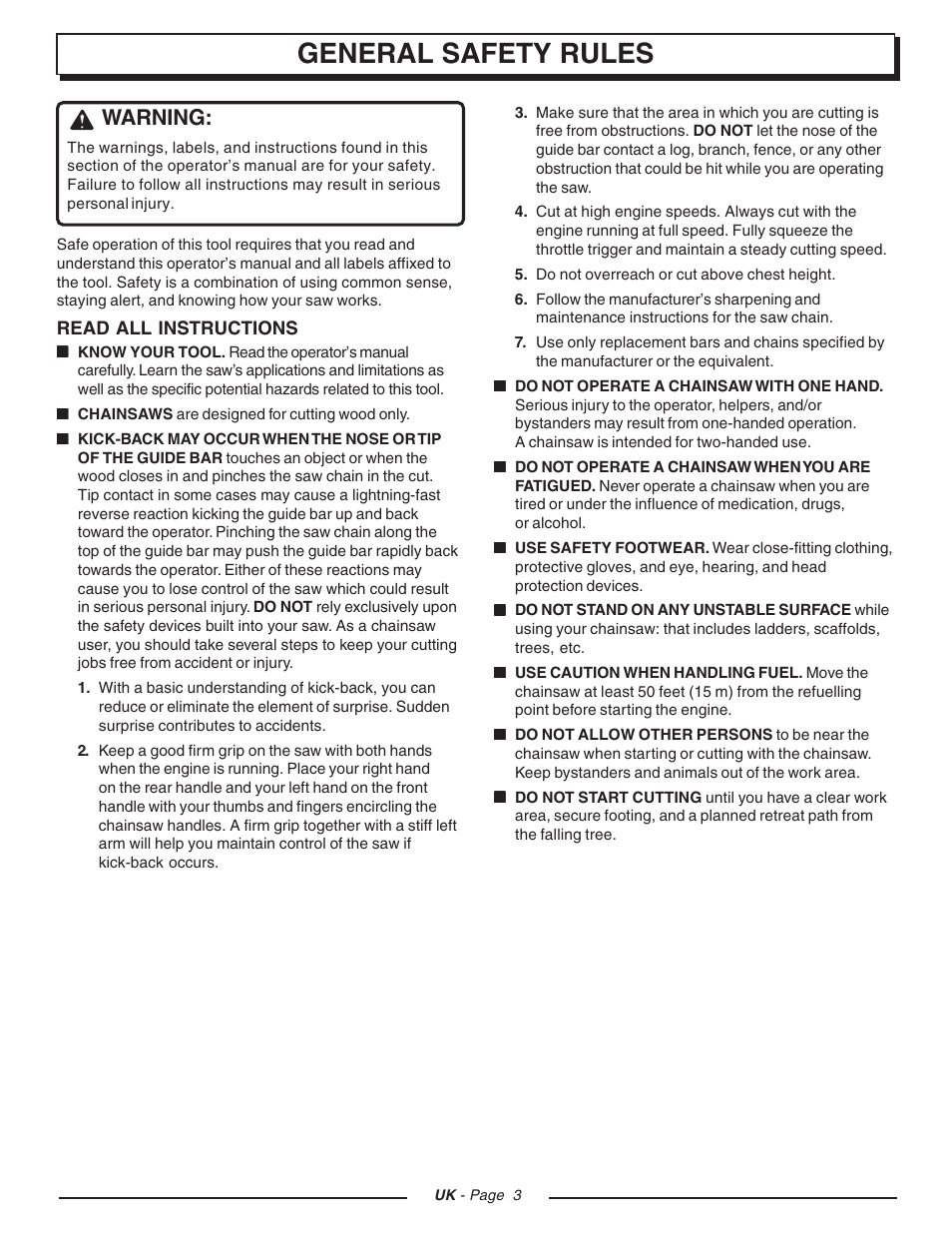 General safety rules, Warning | Homelite CSP3816 - UT74123D User Manual | Page 3 / 20