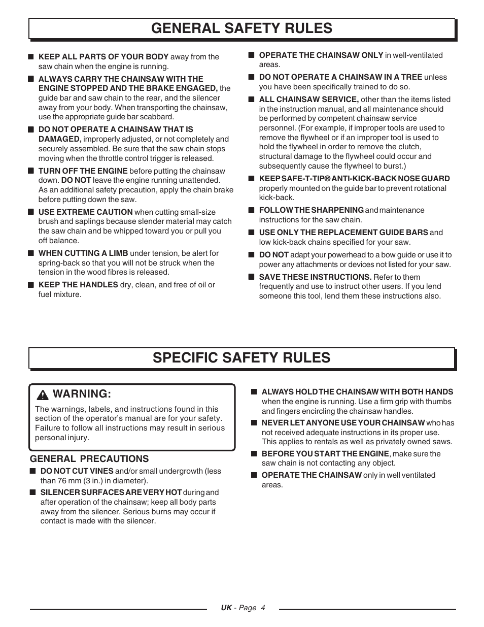 Specific safety rules general safety rules, Warning | Homelite CSP3816 - UT74123D User Manual | Page 4 / 20