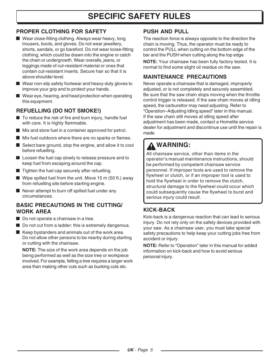 Specific safety rules, Warning | Homelite CSP3816 - UT74123D User Manual | Page 5 / 20