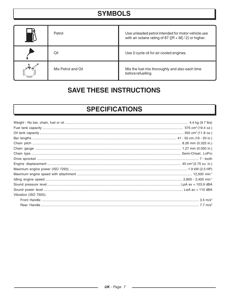 Symbols, Save these instructions, Specifications | Homelite CSP3816 - UT74123D User Manual | Page 7 / 20