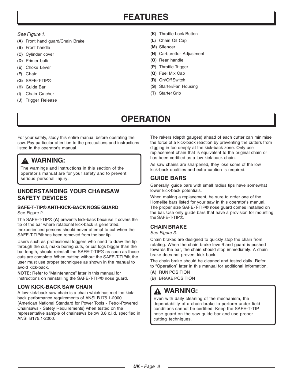 Features operation, Warning | Homelite CSP3816 - UT74123D User Manual | Page 8 / 20