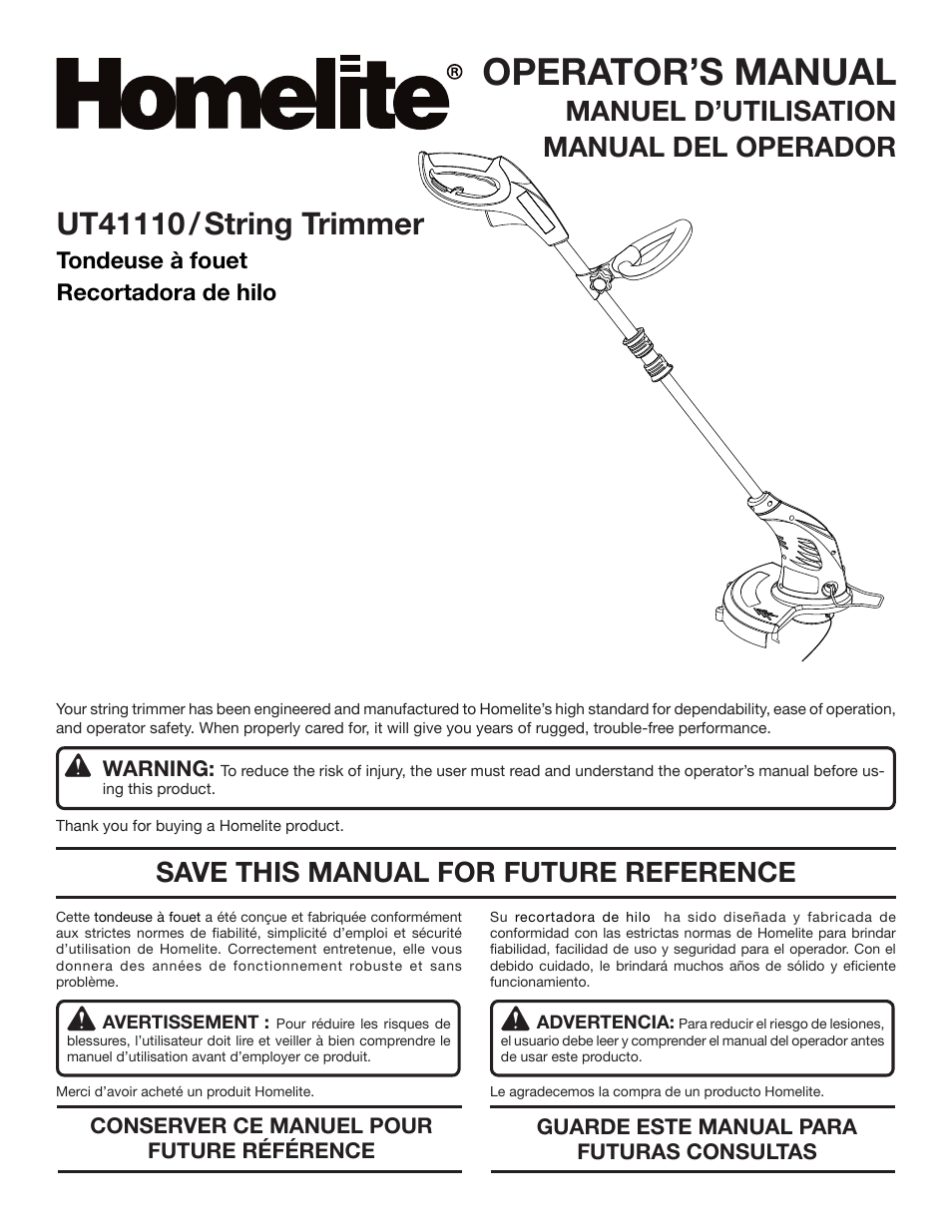 Homelite UT41110 User Manual | 16 pages