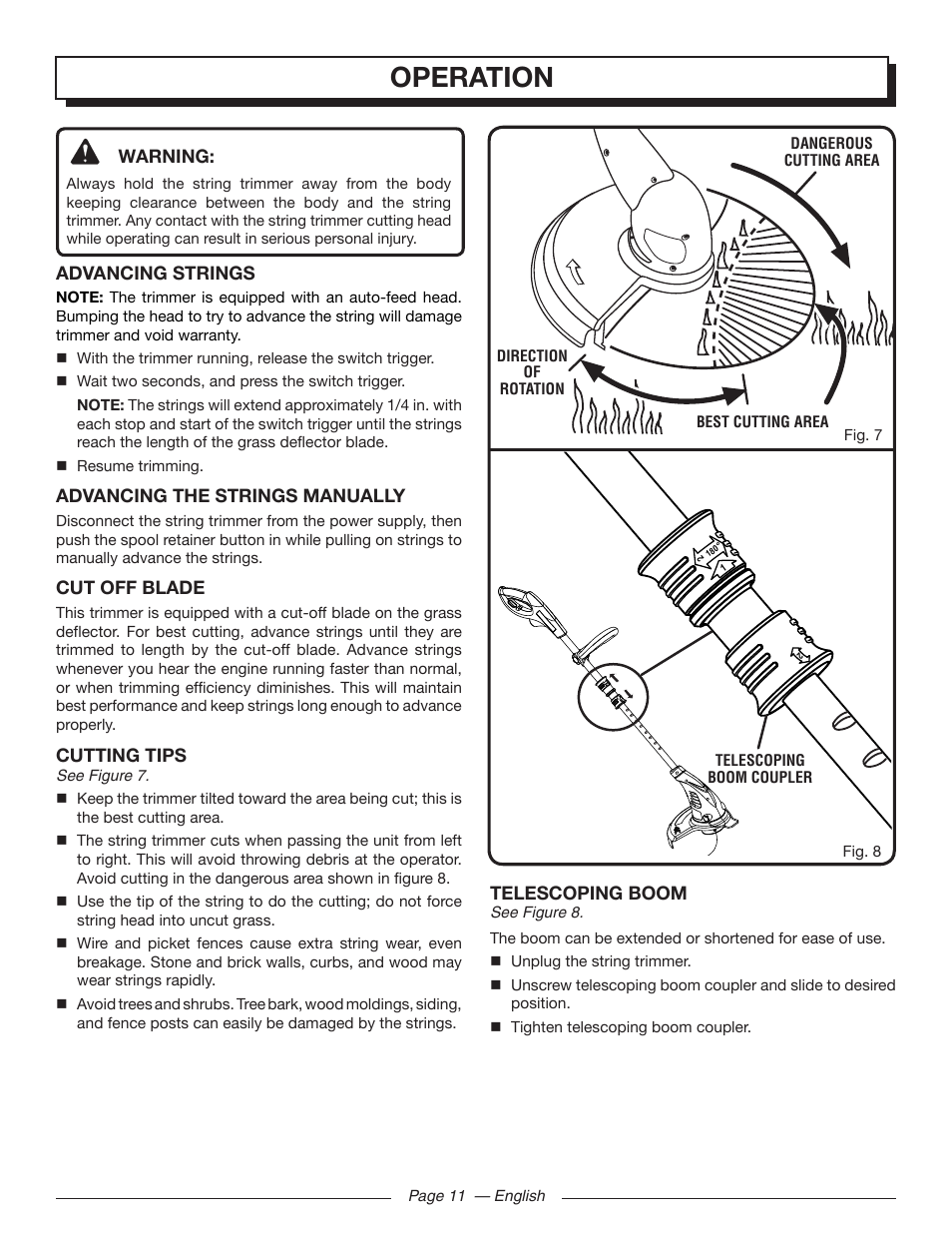 Operation, Warning, Advancing strings | Advancing the strings manually, Cut off blade, Cutting tips, Telescoping boom | Homelite UT41110 User Manual | Page 11 / 16