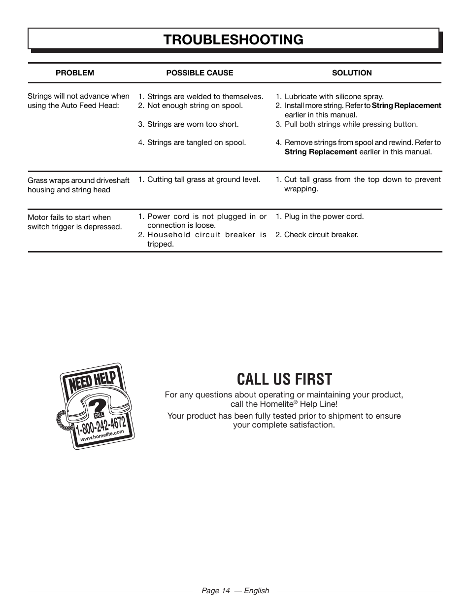 Call us first, Troubleshooting | Homelite UT41110 User Manual | Page 14 / 16