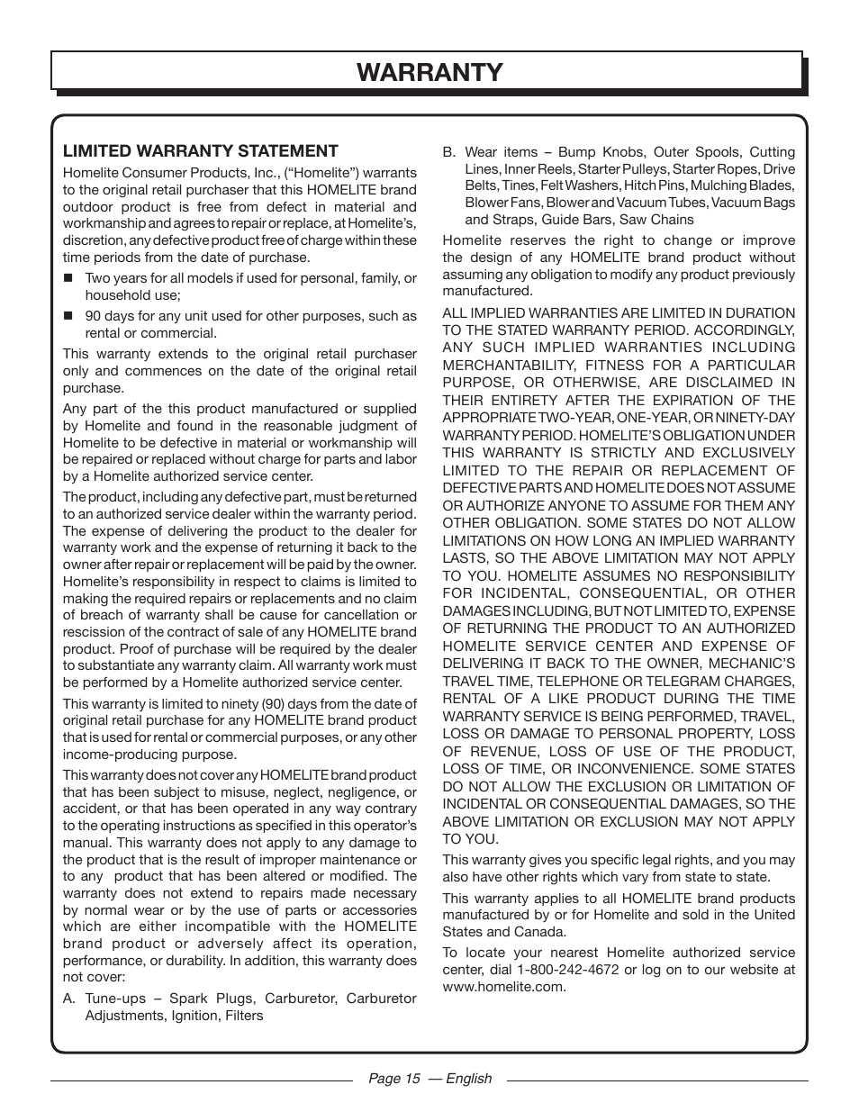 Warranty | Homelite UT41110 User Manual | Page 15 / 16