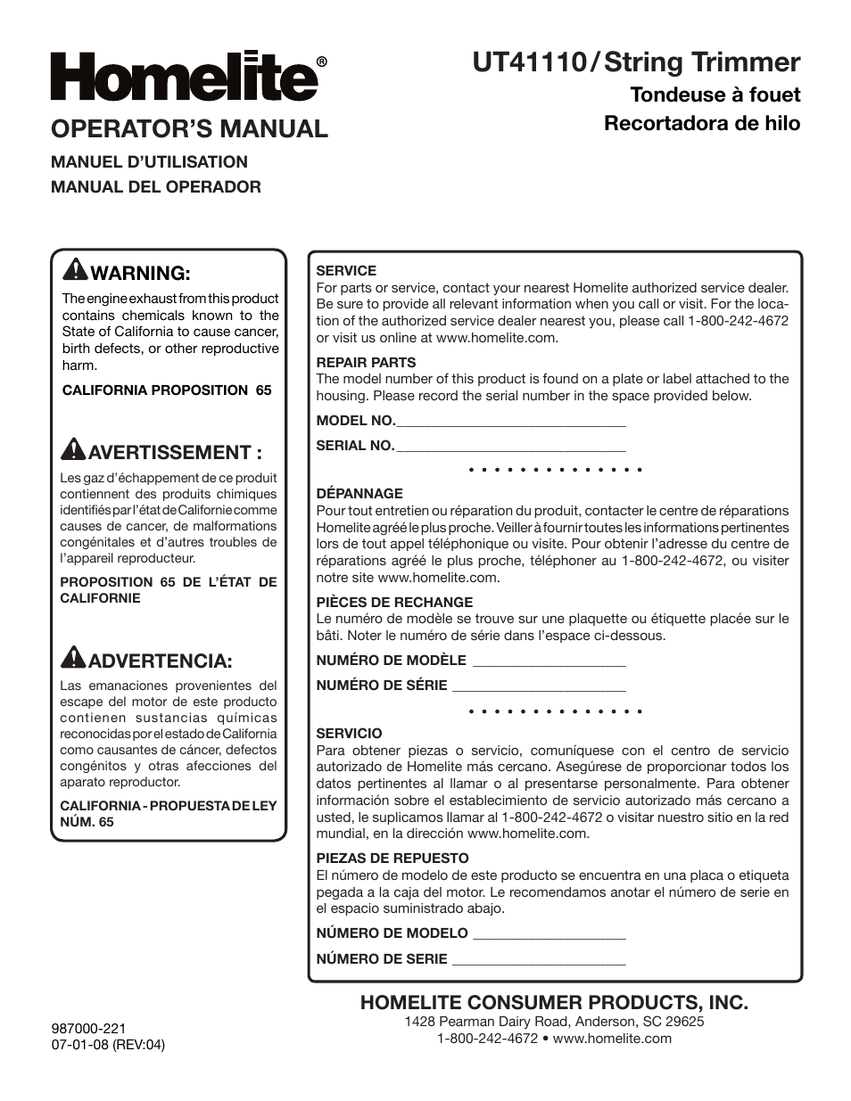 Operator’s manual, Tondeuse à fouet recortadora de hilo, Homelite consumer products, inc | Warning, Avertissement, Advertencia | Homelite UT41110 User Manual | Page 16 / 16