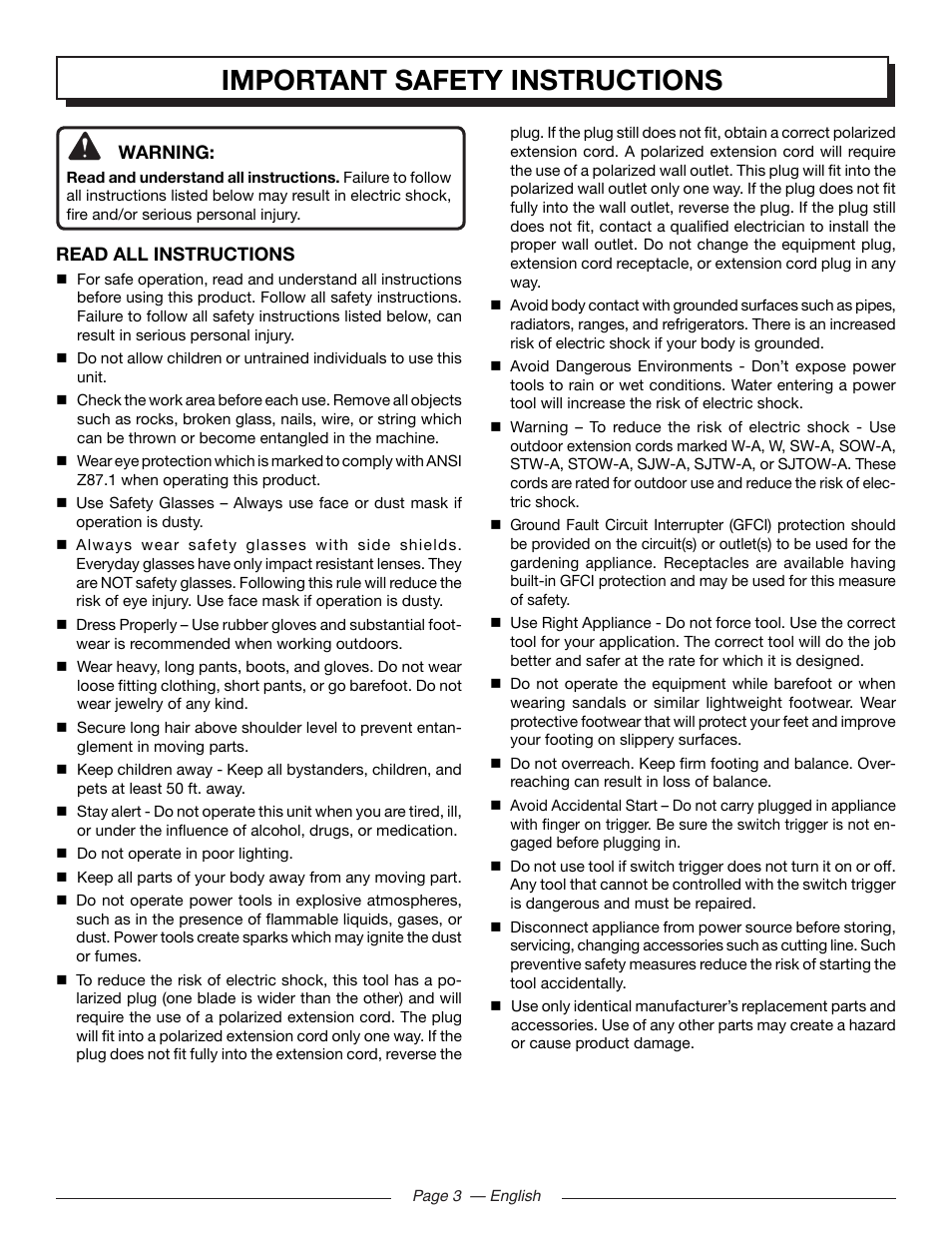 Important safety instructions | Homelite UT41110 User Manual | Page 3 / 16