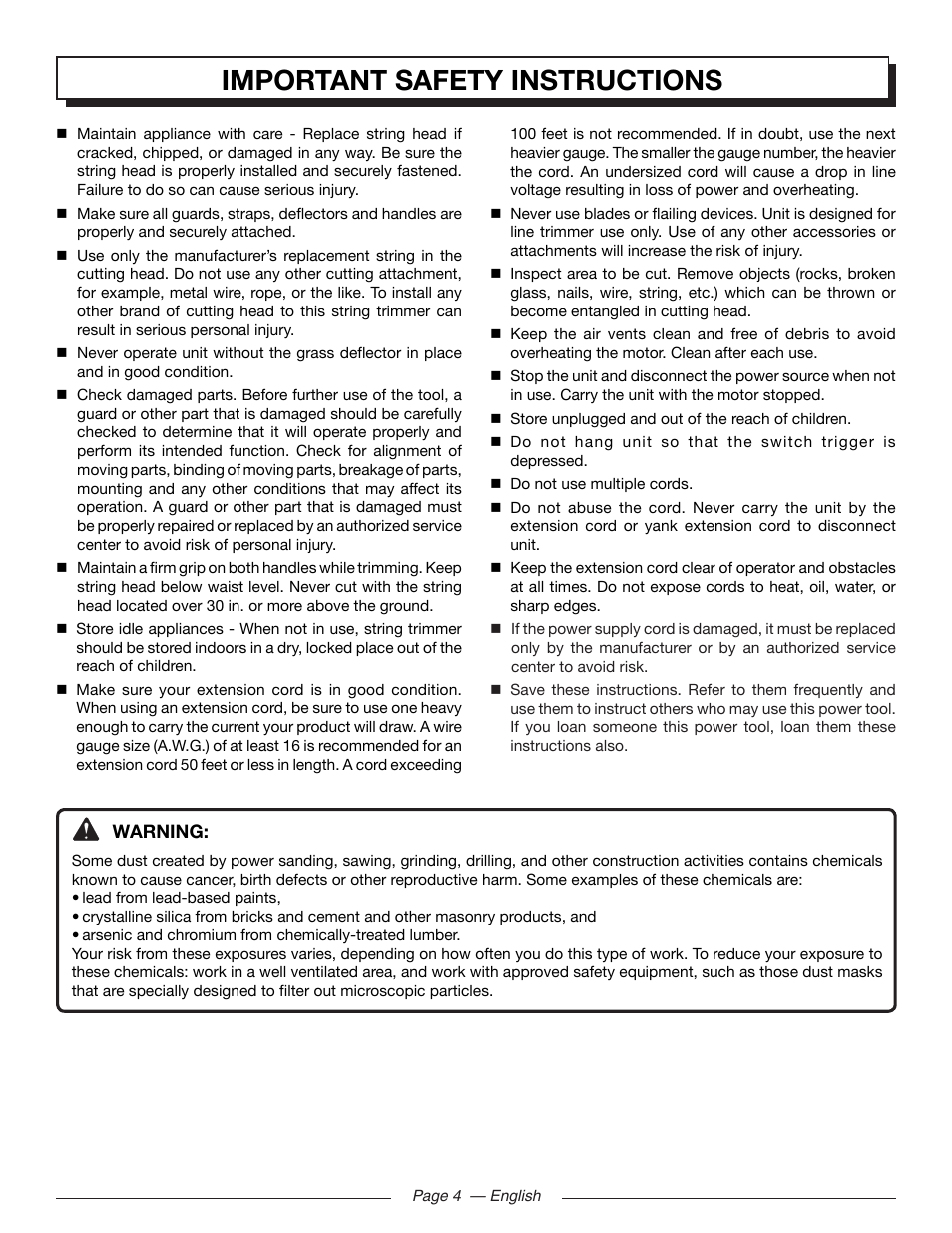 Important safety instructions | Homelite UT41110 User Manual | Page 4 / 16