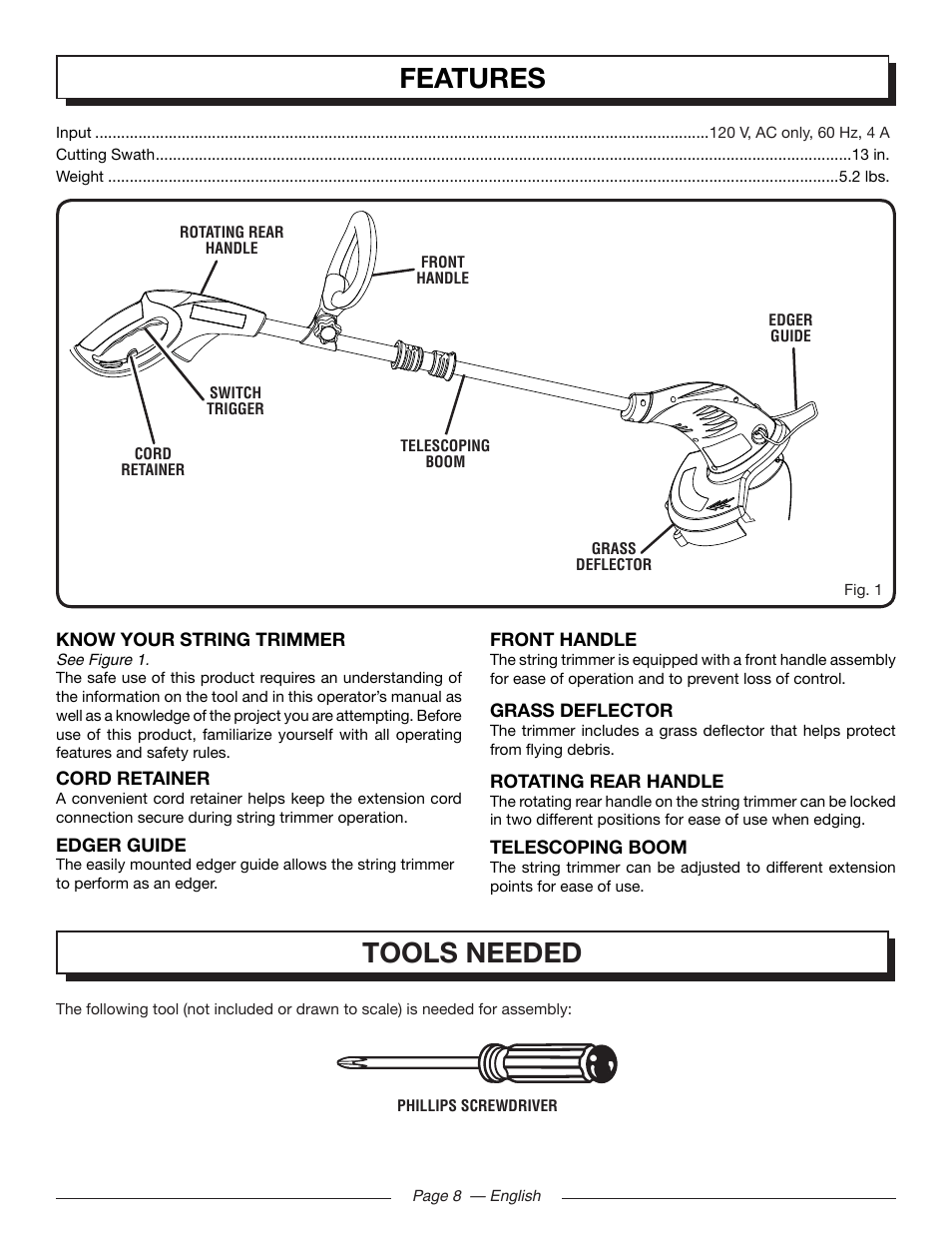 Features, Features tools needed | Homelite UT41110 User Manual | Page 8 / 16