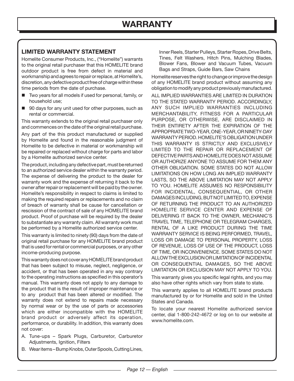 Warranty | Homelite UT09520 User Manual | Page 14 / 42