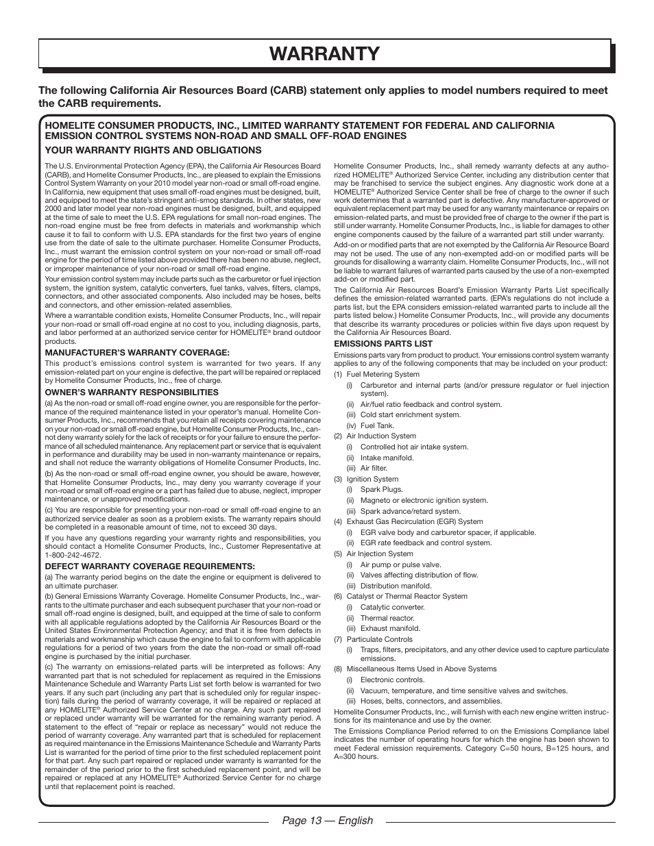 Warranty | Homelite UT09520 User Manual | Page 15 / 42