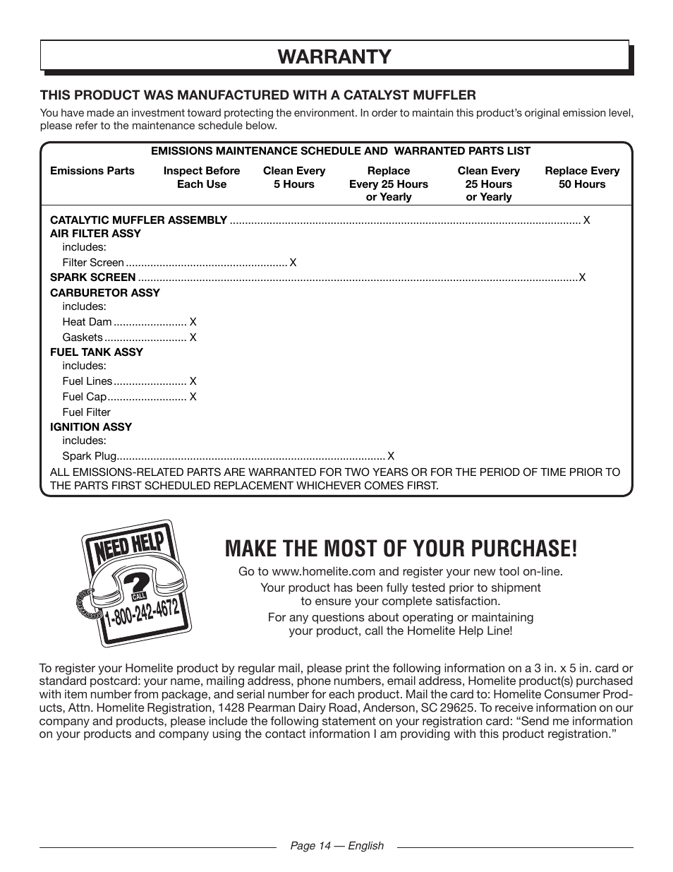 Make the most of your purchase, Warranty | Homelite UT09520 User Manual | Page 16 / 42