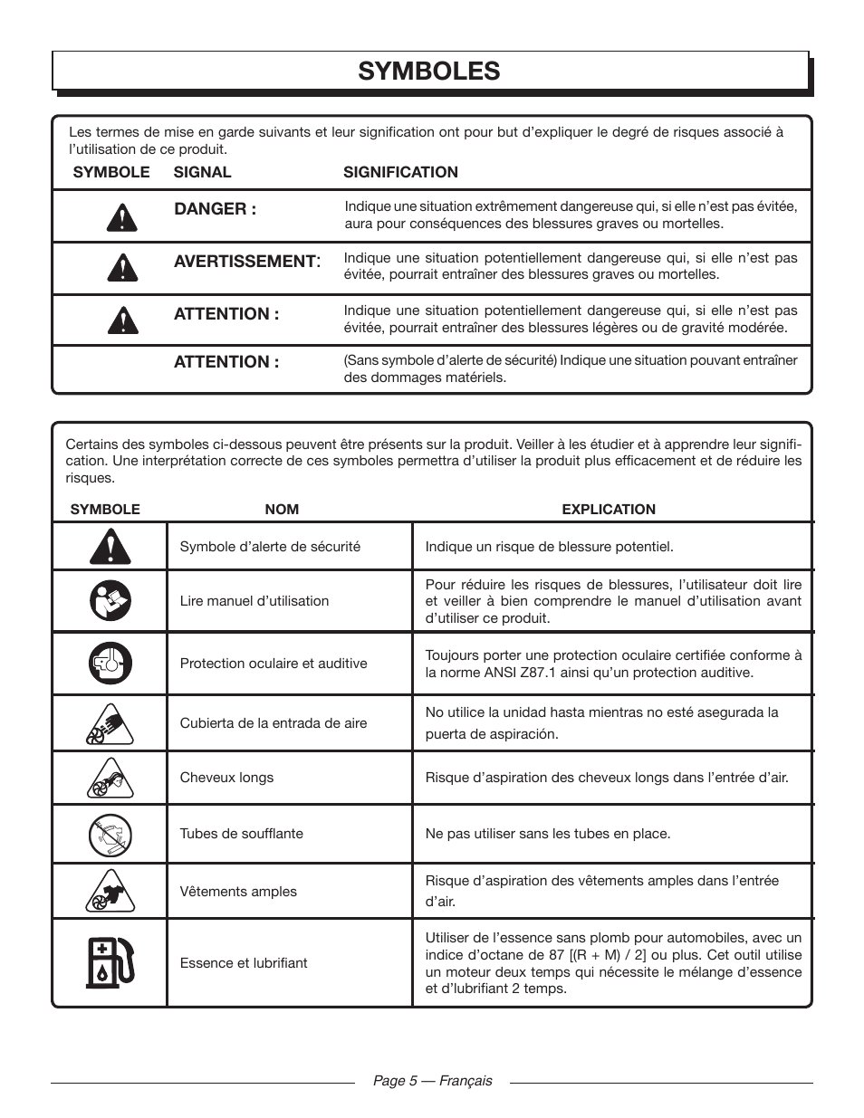 Symboles | Homelite UT09520 User Manual | Page 19 / 42