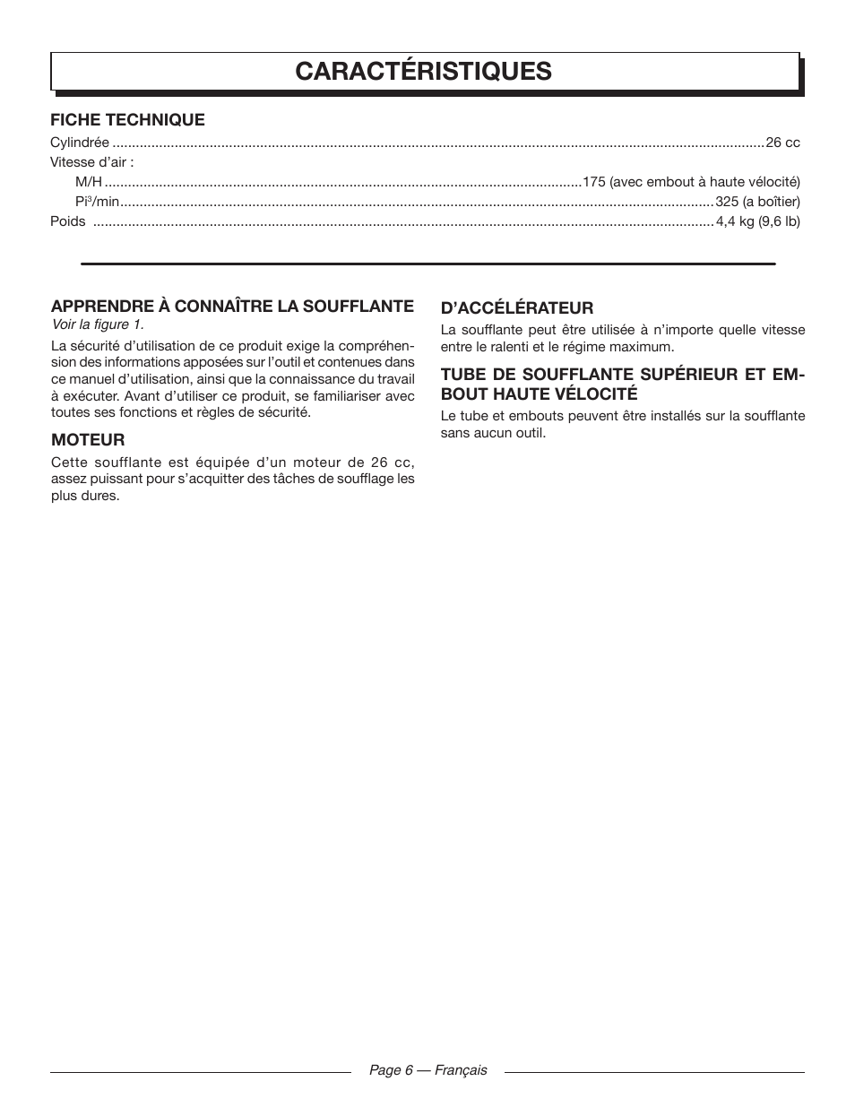Caractéristiques | Homelite UT09520 User Manual | Page 20 / 42