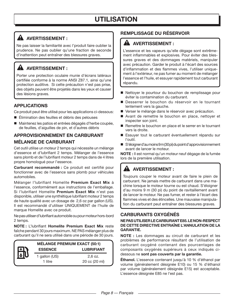 Utilisation | Homelite UT09520 User Manual | Page 22 / 42