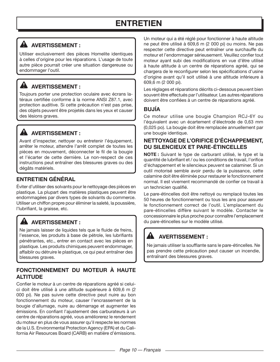 Entretien | Homelite UT09520 User Manual | Page 24 / 42