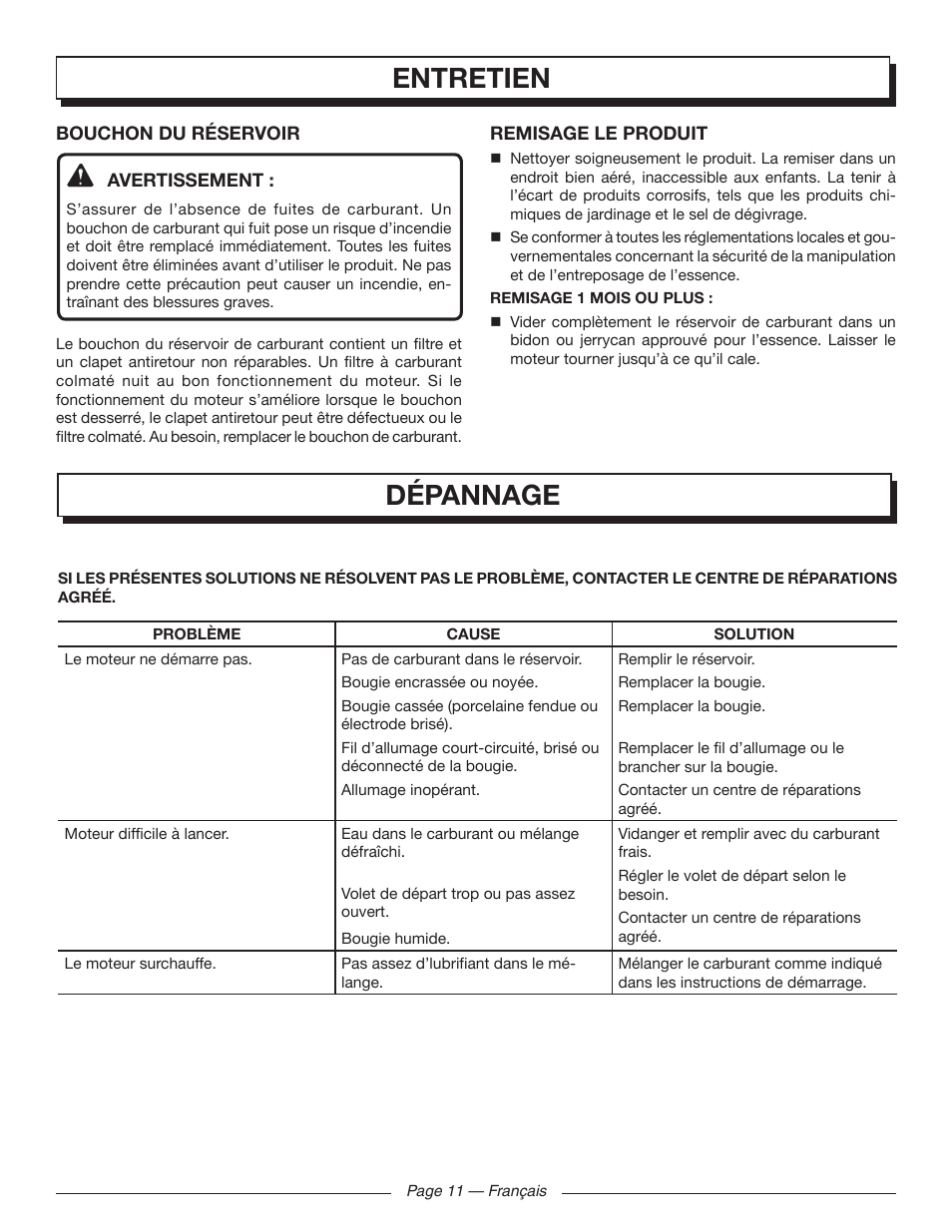 Dépannage entretien | Homelite UT09520 User Manual | Page 25 / 42