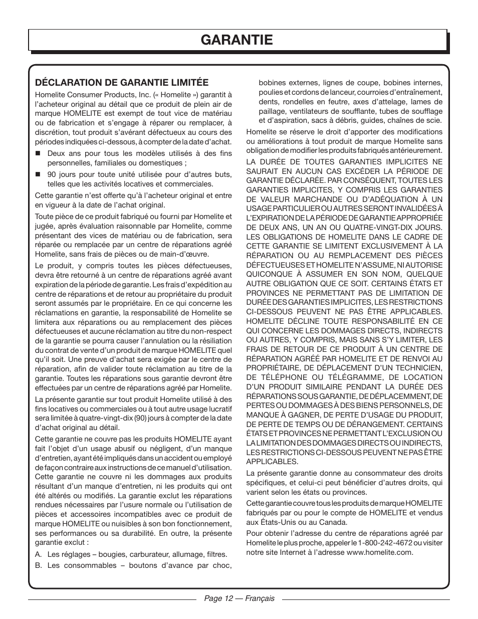 Garantie | Homelite UT09520 User Manual | Page 26 / 42