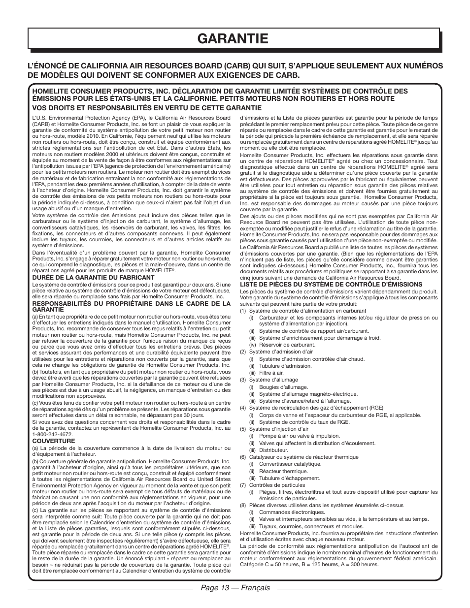Garantie, Page 13 — français | Homelite UT09520 User Manual | Page 27 / 42