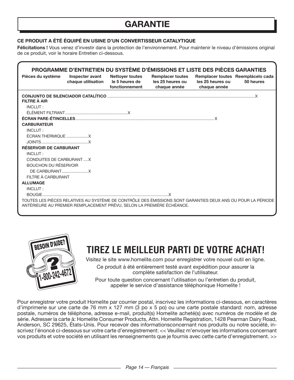 Tirez le meilleur parti de votre achat, Garantie, Besoin d’aid e | Homelite UT09520 User Manual | Page 28 / 42