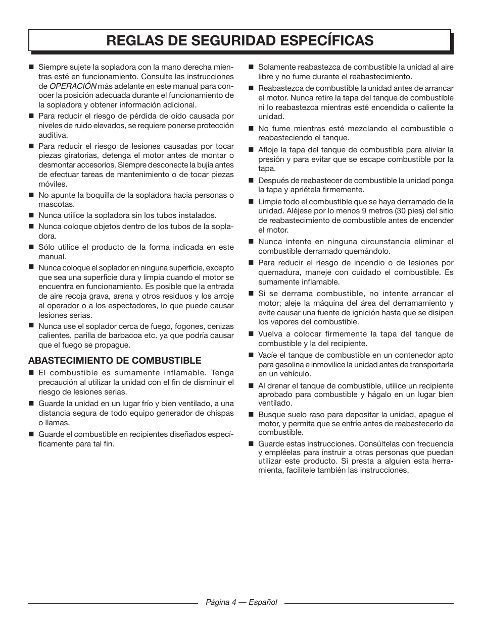 Reglas de seguridad específicas | Homelite UT09520 User Manual | Page 30 / 42