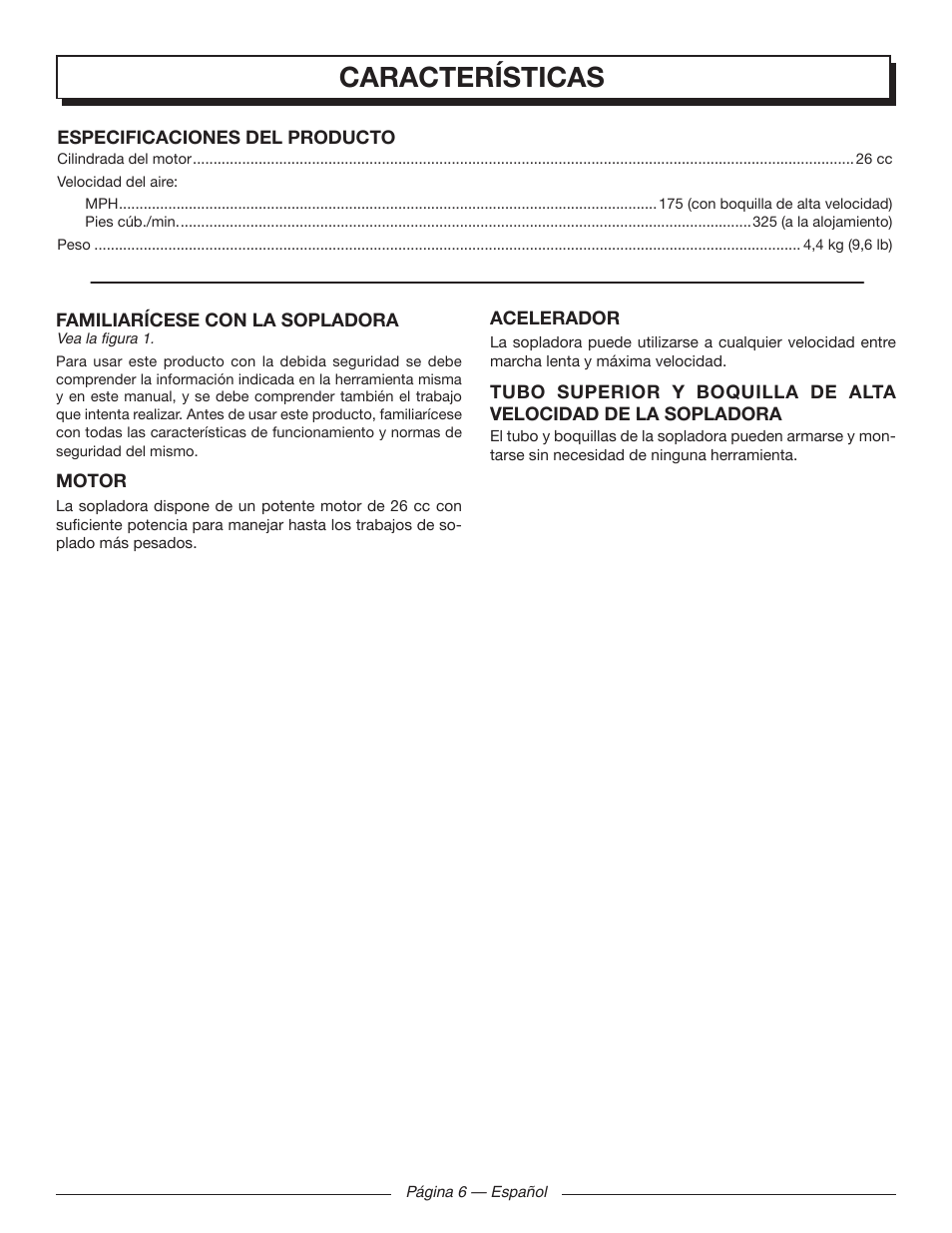 Características | Homelite UT09520 User Manual | Page 32 / 42