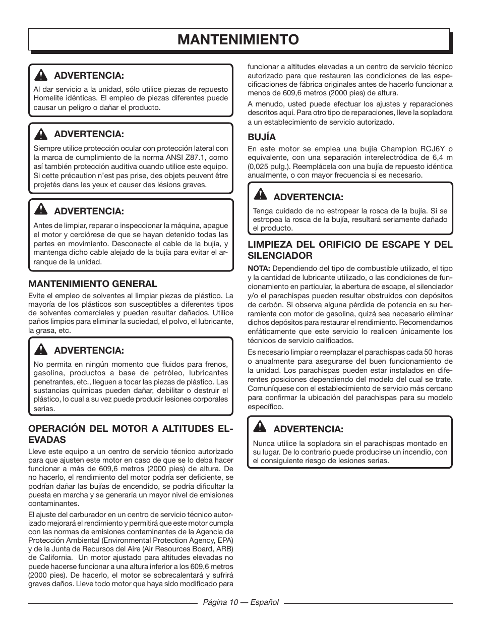 Mantenimiento | Homelite UT09520 User Manual | Page 36 / 42