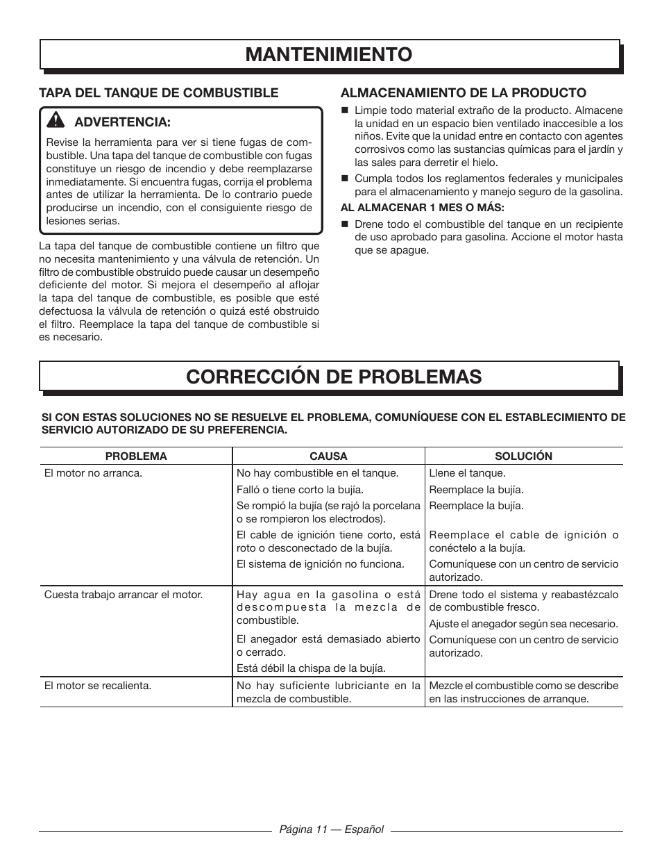 Corrección de problemas mantenimiento | Homelite UT09520 User Manual | Page 37 / 42